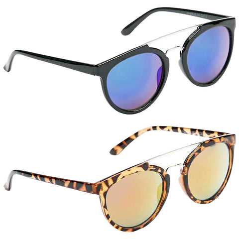 Eyelevel Ladies Charlie Sunglasses Two pairs of sunglasses are displayed with one pair at the top featuring black frames and blue mirrored lenses and the second pair below with tortoiseshell frames and gold mirrored lenses.