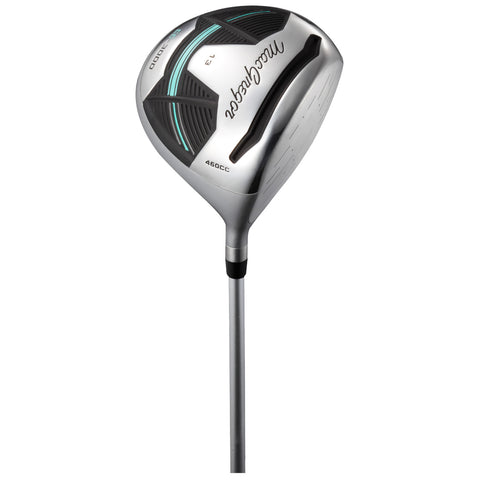 A silver golf driver with a large head and a slender shaft is positioned upright showcasing its sleek design and branding at the top with a detailed grip underneath.