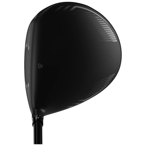 A golf club driver with a sleek black head is positioned upright against a plain white background showcasing its smooth contours and minimalistic design elements indicating its modern aesthetic.