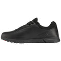 A black sneaker with a textured leather surface features a low profile and rubber sole designed for traction and comfort ideal for casual wear or light sports activities.