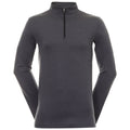 A dark gray long-sleeve shirt with a high collar features a quarter zipper and a subtle logo on the front made of a soft fabric suitable for casual wear or athletic activities