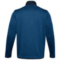 A blue long-sleeve pullover with a collar is displayed. The garment features a clean, simple design and is shown from the back, emphasizing the fabric texture and color.