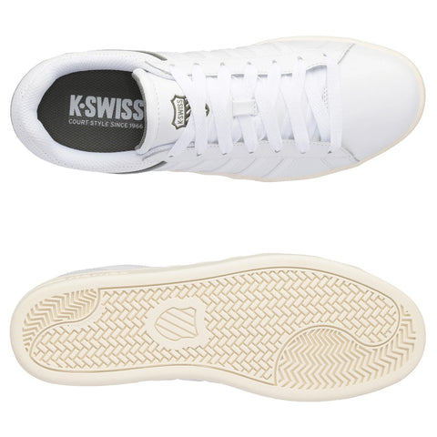 White athletic shoes are displayed with a top view showcasing the laces and branding on the insole and a bottom view revealing the textured sole pattern designed for traction.