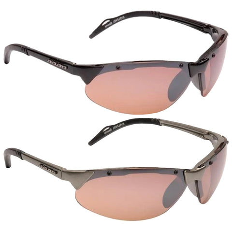 Two pairs of sunglasses are displayed side by side featuring a sleek black frame with tinted lenses The lenses have a reddish hue designed for eye protection in bright conditions