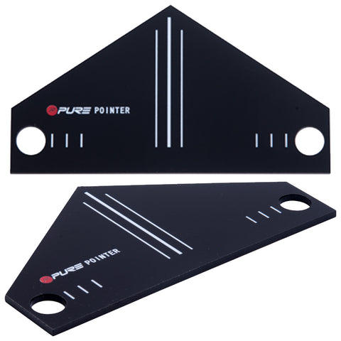 A triangular black marking tool with white lines and circular holes is placed on a flat surface designed for precision in measurement or alignment tasks.