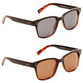 Two pairs of sunglasses are displayed: the top pair has dark lenses while the bottom pair has brown lenses. Both feature a stylish frame with tortoiseshell-patterned arms.