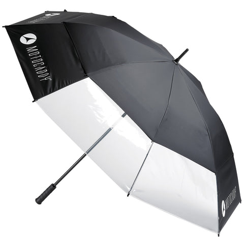 A black and clear golf umbrella is positioned upright displaying a logo it is designed to shield users from rain and sun while on the golf course