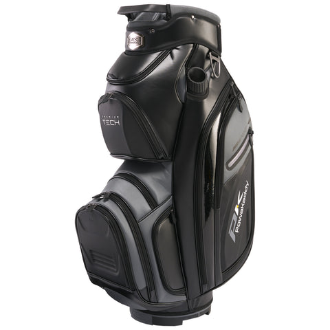 A sleek golf bag stands upright featuring multiple compartments and a sturdy base designed for carrying golf equipment showcasing a modern black and gray color scheme with labels.