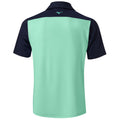 A polo shirt displays a mint green body with navy blue sleeves and collar featuring a small logo on the back, suitable for casual or athletic wear.