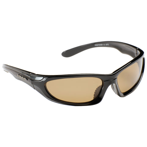 Sunglasses with a black frame and brown tinted lenses are positioned at an angle they appear sleek and sporty on a white background