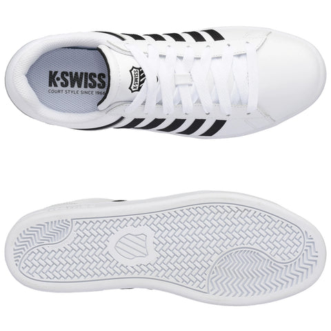 White athletic shoes with black stripes are displayed from above and below the sole showing their sleek design suitable for court sports and casual wear in a neutral background.