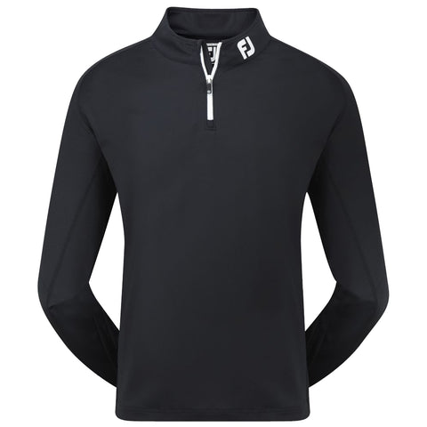 Black long-sleeve pullover with a quarter-zip front features a high collar and white logo detail on the neck area suitable for casual or athletic wear.