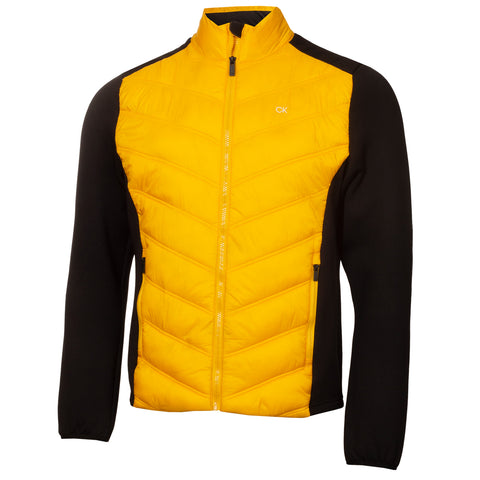 A yellow and black jacket hangs with a front zipper closure featuring a puffy quilted design on the front and black sleeves providing a sporty appearance.