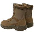 Brown military-style boots are displayed upright showcasing their sturdy design and multiple fastening options suggesting readiness for rugged terrain or field use. The material appears durable and practical.