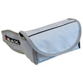 A light blue pouch with a flap is resting on a flat surface featuring a black and red logo on the side designed for storage and organization.