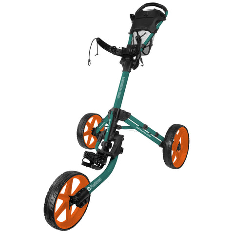 A golf pushcart with an ergonomic handle and three wheels is positioned upright displaying a teal frame and orange wheels showcasing a practical design for transporting golf clubs on the course.