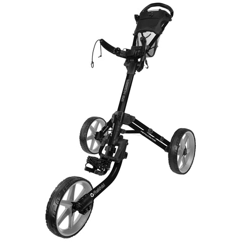 A pink golf push cart stands upright with a large frame and three wheels. It features a handle for steering and a compartment for carrying items, set against a neutral background.