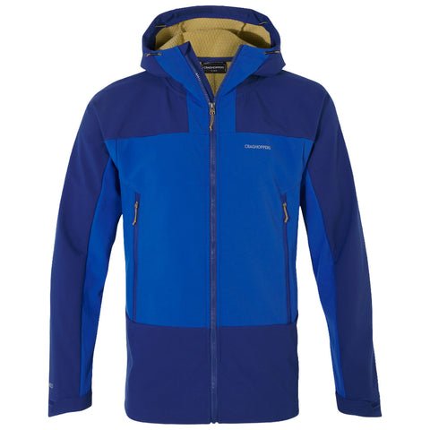 A blue jacket with a hood is displayed front-facing featuring a dual-tone design and zippered pockets showcasing the logo Craghoppers indicating it's suitable for outdoor activities.