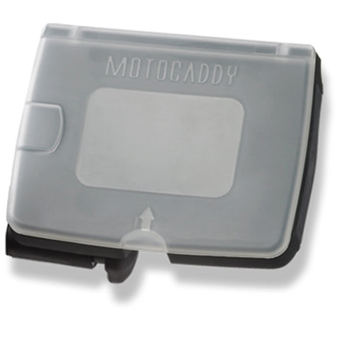 A transparent gray storage box is positioned with a lid featuring a label space and a directional arrow. It is designed for use with a golf trolley in a compact setting.