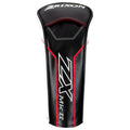 A golf club headcover is positioned upright showcasing a sleek design in black and white with red accents featuring the Srixon logo and ZX MK II label prominently displayed.