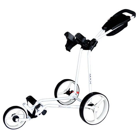 A white golf push cart with three wheels is positioned upright showcasing a handle and storage space for equipment designed for transporting golf clubs on a golf course.