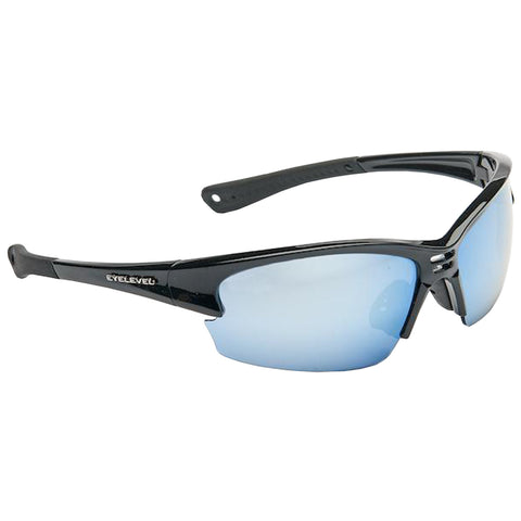 Sunglasses are displayed with a shiny black frame and blue-tinted lenses resting against a neutral background showcasing their sporty design and features ideal for outdoor activities.