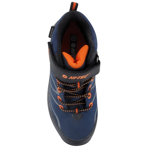 A blue hiking boot is positioned upright with orange laces and accents. It features a high ankle support and rugged sole, suitable for outdoor activities. The brand name Hi-Tec is visible.