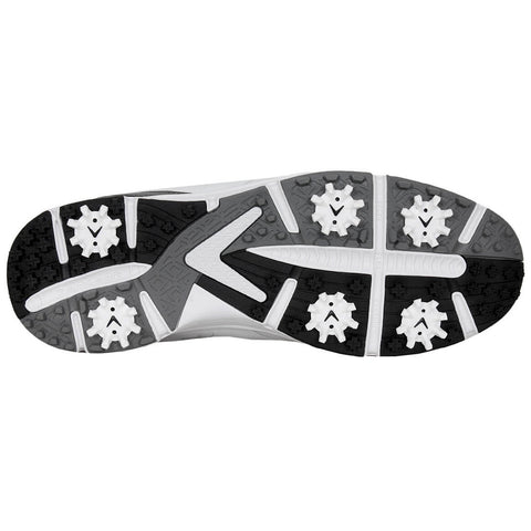 A white and gray athletic shoe sole features multiple traction spikes and a patterned surface designed for grip on various terrains, suitable for sports or outdoor activities.