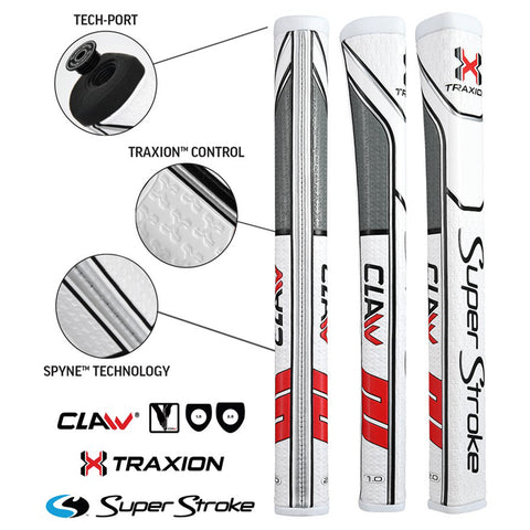 Three golf putter grips are displayed vertically featuring white and black designs with red accents highlighting their unique features like TRACTION control and SPYNE technology.