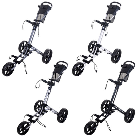 A golf push cart features a lightweight frame with three wheels and a handle for maneuvering. It's positioned in different angles against a white background for display purposes.