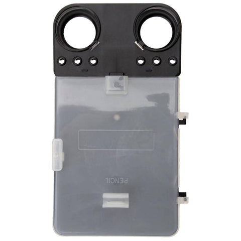 A transparent plastic card holder has two circular openings at the top with black edges and several small holes. It features a locking mechanism on one side for secure attachment.