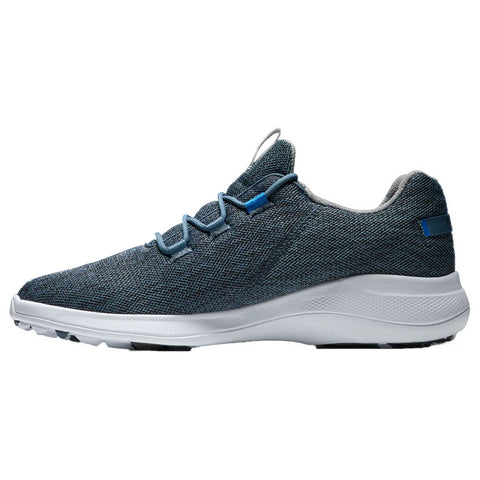 A gray golf shoe features a breathable mesh upper and a sleek white sole the laces are blue highlighting the shoe's design suitable for exercise or casual wear