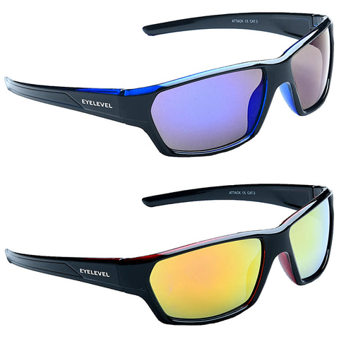 Sunglasses with a sleek black frame are displayed in two variations one with purple mirrored lenses and one with yellow mirrored lenses set against a plain background.