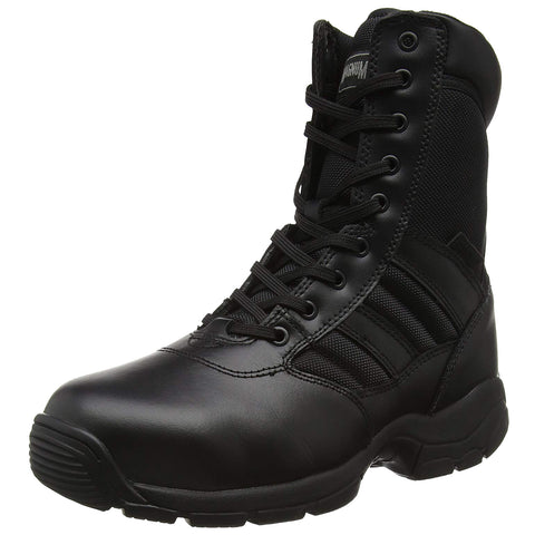 A black tactical boot stands upright with laces tightly secured showing a combination of smooth leather and textured fabric the background is plain and simple highlighting the boot's design