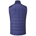 A navy blue puffer vest is displayed with a quilted texture and high collar showing a smooth back design without any visible fastenings or pockets set against a neutral background