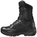 A black tactical boot with a padded collar and reinforced toe stands upright showcasing its durable leather and mesh design intended for rugged use in various environments.