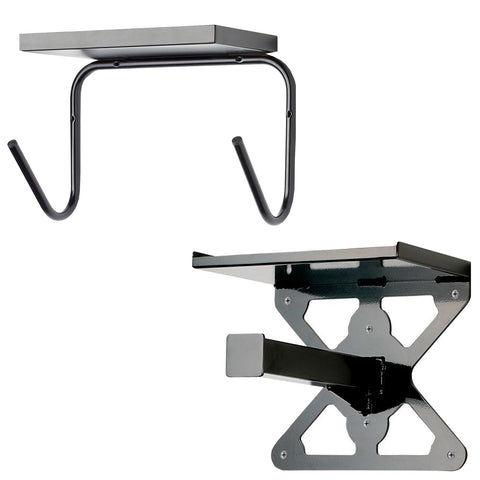 Two black metal shelf designs are displayed. The top shelf features a flat surface with two hooks underneath. The bottom shelf has a rectangular top and a support with a pivoting arm.