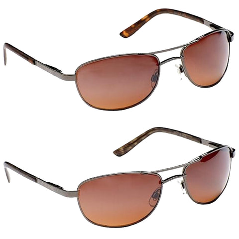 Two pairs of sunglasses are displayed in varying positions showcasing their sleek design and gradient lenses with a brown tint set against a plain background.