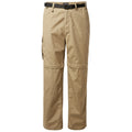 Tan cargo pants are displayed standing upright with a belt attached showcasing zip-off lower sections for versatility in warmer conditions designed for outdoor activities or casual wear.