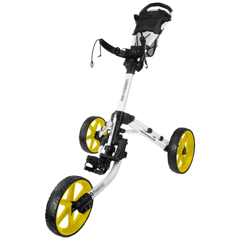 A golf push cart with three wheels is positioned upright featuring a white frame yellow rims and a black handle with a mesh pocket suitable for carrying golf equipment or accessories.