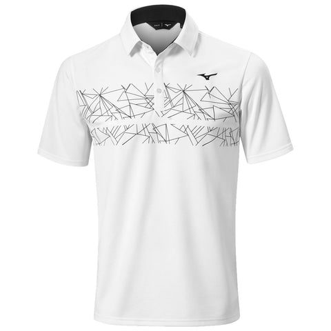 A white polo shirt is displayed with a black geometric pattern across the upper front. The shirt features a collar and short sleeves, suitable for casual or athletic wear.