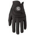 A black golf glove sits upright displaying its textured design and stitching with a circular logo marked FJ on the back near the wrist area showcasing its purpose for grip and protection.