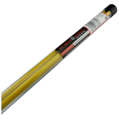 A yellow alignment stick is shown with a black end and a label indicating it is part of the brand fusion golf collection and is for golf essentials.