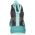 A high-top athletic shoe stands upright showcasing a combination of dark gray and teal colors with a large logo on the side and a padded collar for comfort.