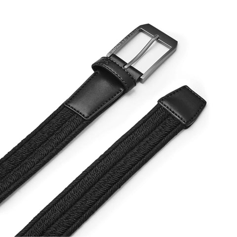 A black belt made of woven material and leather showing a rectangular silver buckle with a double prong revealing a stylish accessory designed for adjustment and wear in casual or formal settings.