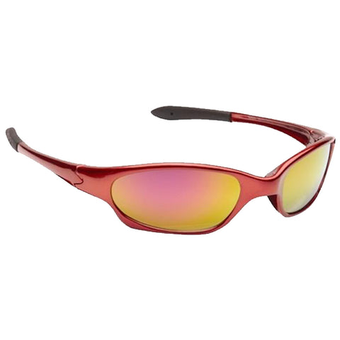 A pair of sporty red sunglasses with reflective yellow and pink lenses rests horizontally against a plain white background showcasing their sleek design and color features.