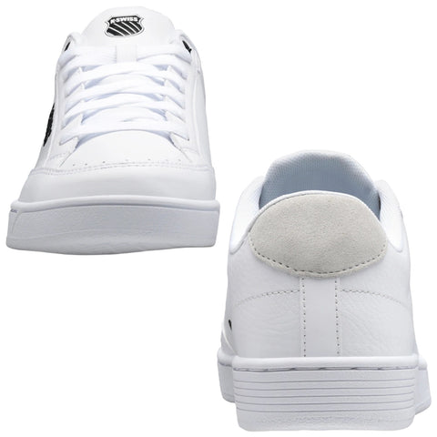 A pair of white sneakers is displayed prominently with laces tied and a textured heel showing rear and front views while set against a plain background.