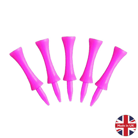 Five pink plastic golf tees are arranged vertically with pointed ends facing down. They are placed against a white background with a small British flag indicating they are made in the UK.