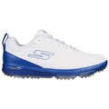 A white and blue athletic shoe is displayed sideways featuring a textured upper with a logo and cleated sole designed for traction on grass or turf surfaces.