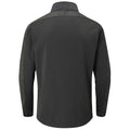 A dark long-sleeve jacket is displayed from the back showcasing a sleek design with a collar and contrasting textured panels along the shoulders and sleeves in a sporty style.